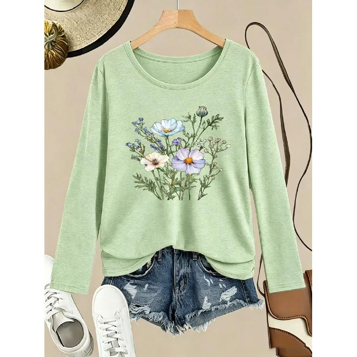 1Pieces Women's Round Neck Long Sleeve T Shirt Floral Print All-Season Casual Wear Shipped from Local Warehouse Everyday Versatile Top Perfect