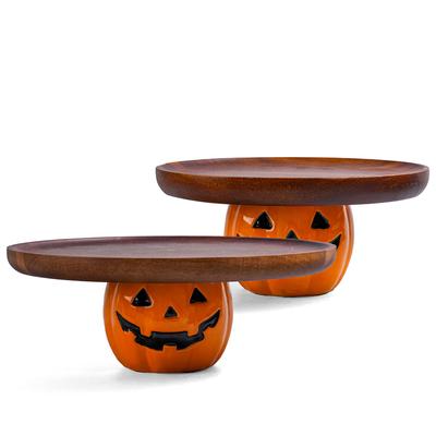 Halloween Pumpkin Wooden Serving Tray – Wooden Dessert and Bread Display Stand for Holiday Party Décor