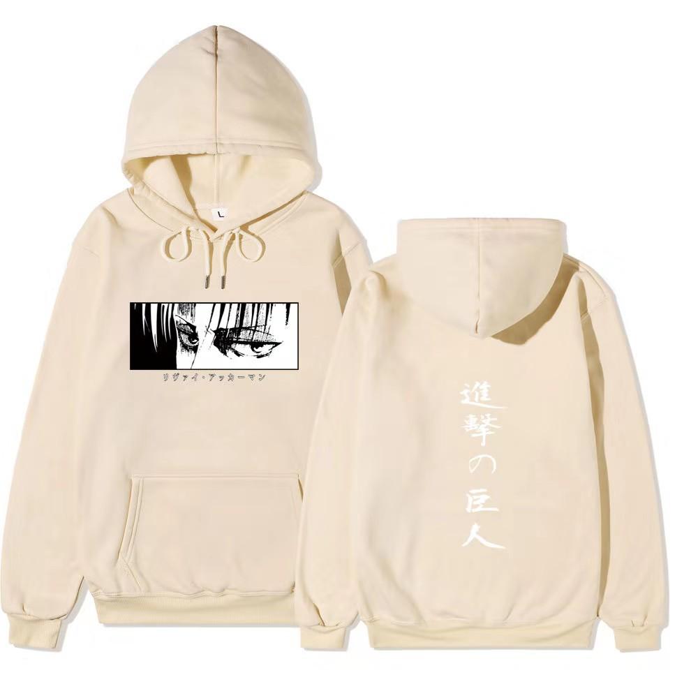 Attack On Titan Levi Ackerman Hoodie Unisex Fleece Sweatshirt Front Manga Eyes Print, Back Japanese Text, Autumn Winter Casual Pullover