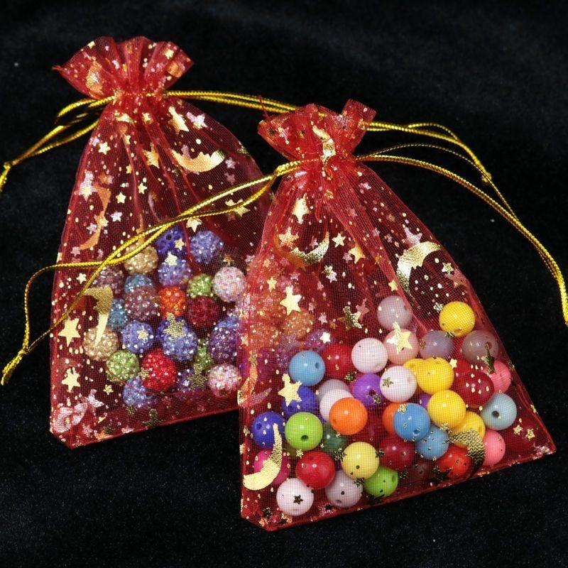 50pcs/Lot 7x9 9x12 10x15 13x18cm Printing Star Moon Christmas Organza Sack Drawstring Charm Packaging Bags Daily Jewelry