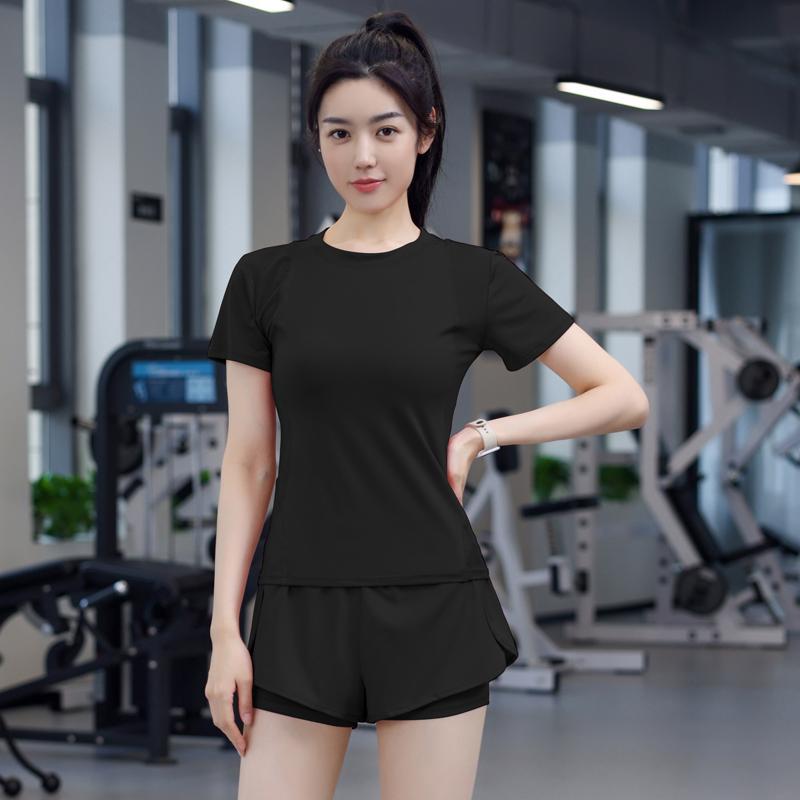 Yoga Suit Set Women's Short Sleeved Summer Round Neck Tight Fitting Quick Drying Running Training Two-piece Set