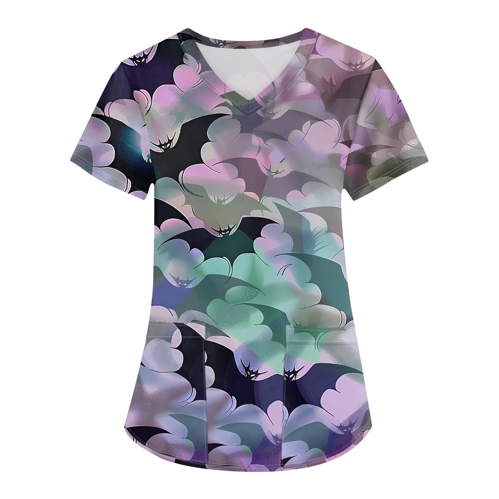 Женская мода V-образным вырезом с короткими рукавами и карманами Топы с принтом — фото 7