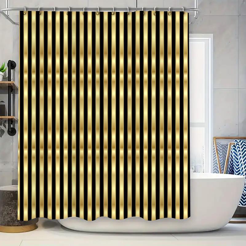 

Black Gold Shower Curtain Modern Stripe Design For Bathroom Decor 72 X 84, Luxury Golden Water Repellent Waterproof Fabric Showe W60H190(CM)-1 Pcs