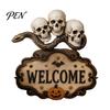 Outdoor Party Decorations Halloween Wooden Welcome Sign, Spooky Skull Frog Crow Witch Door Hanger, Hanging Plaque 2D Wall Sign for Home Decor Creative