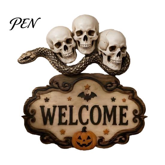 Outdoor Party Decorations Halloween Wooden Welcome Sign, Spooky Skull Frog Crow Witch Door Hanger, Hanging Plaque 2D Wall Sign for Home Decor Creative