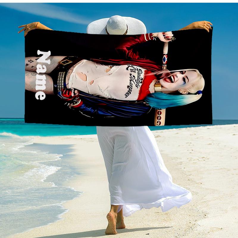 Custom Name Ultra-Soft Beach Towel with Harley Quinn Theme,Ideal for Pool - Camping, Diving - Perfect Travel Essential, Vibrant Beach Towel.