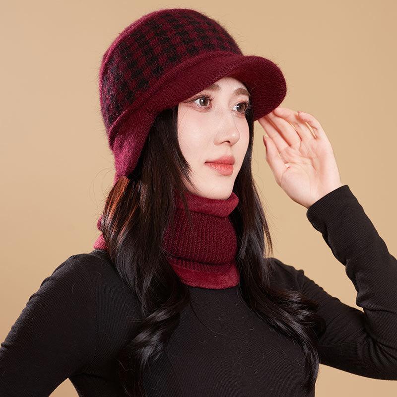 

Middle-aged and old rabbit fur knitted cap, children s mother, winter velvet warm ear protector, wool hat, grandma plaid hat Separate hat (without scarf)