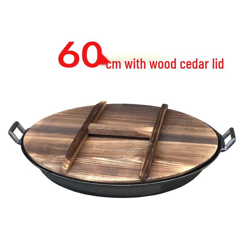 60cm Extra Thick Cast Iron Griddle Pan with Wooden Lid