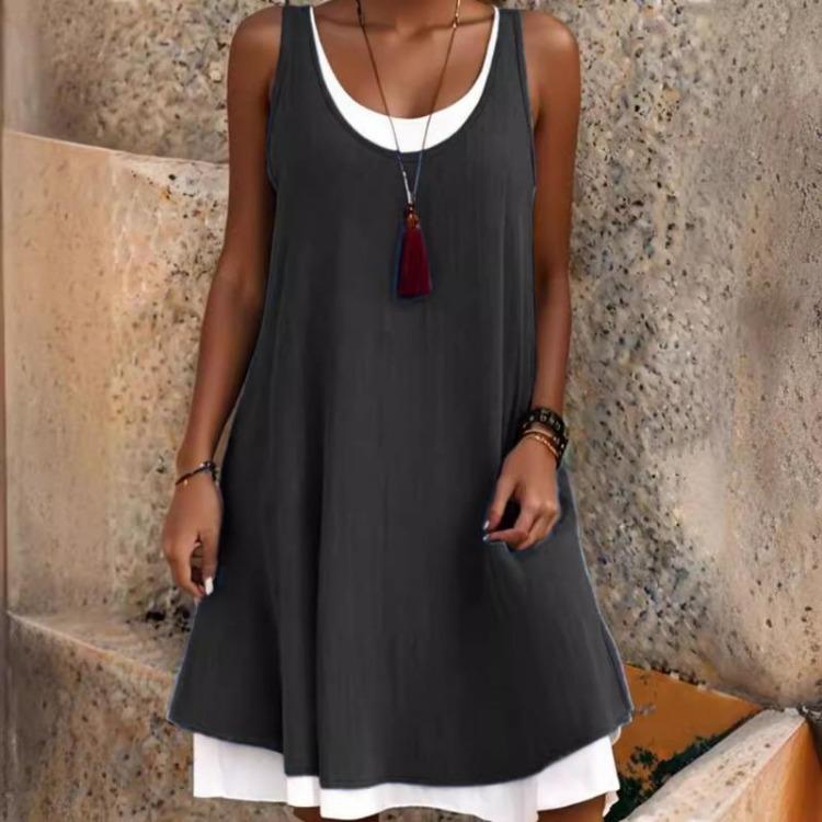 

Women Summer Spring Casual Sleeveless O Neck Solid Color Print Dresses Fashion S чёрный