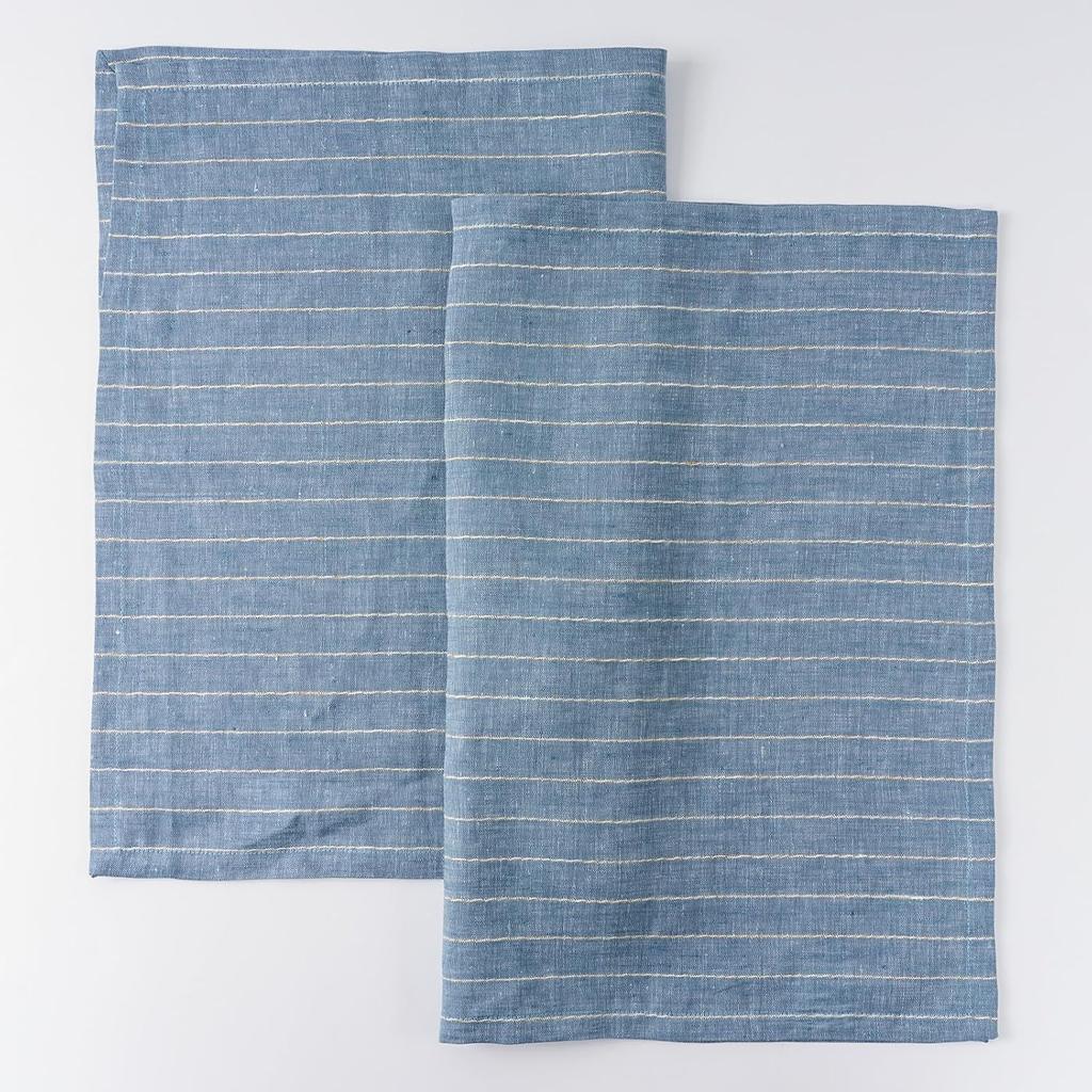 100% Pure Linen Kitchen Towels Set of 2 - French Stripe Design 18 x 24 Inch Dish Hand Towels - Handcrafted from Flax Linen Tea Towels- Linen