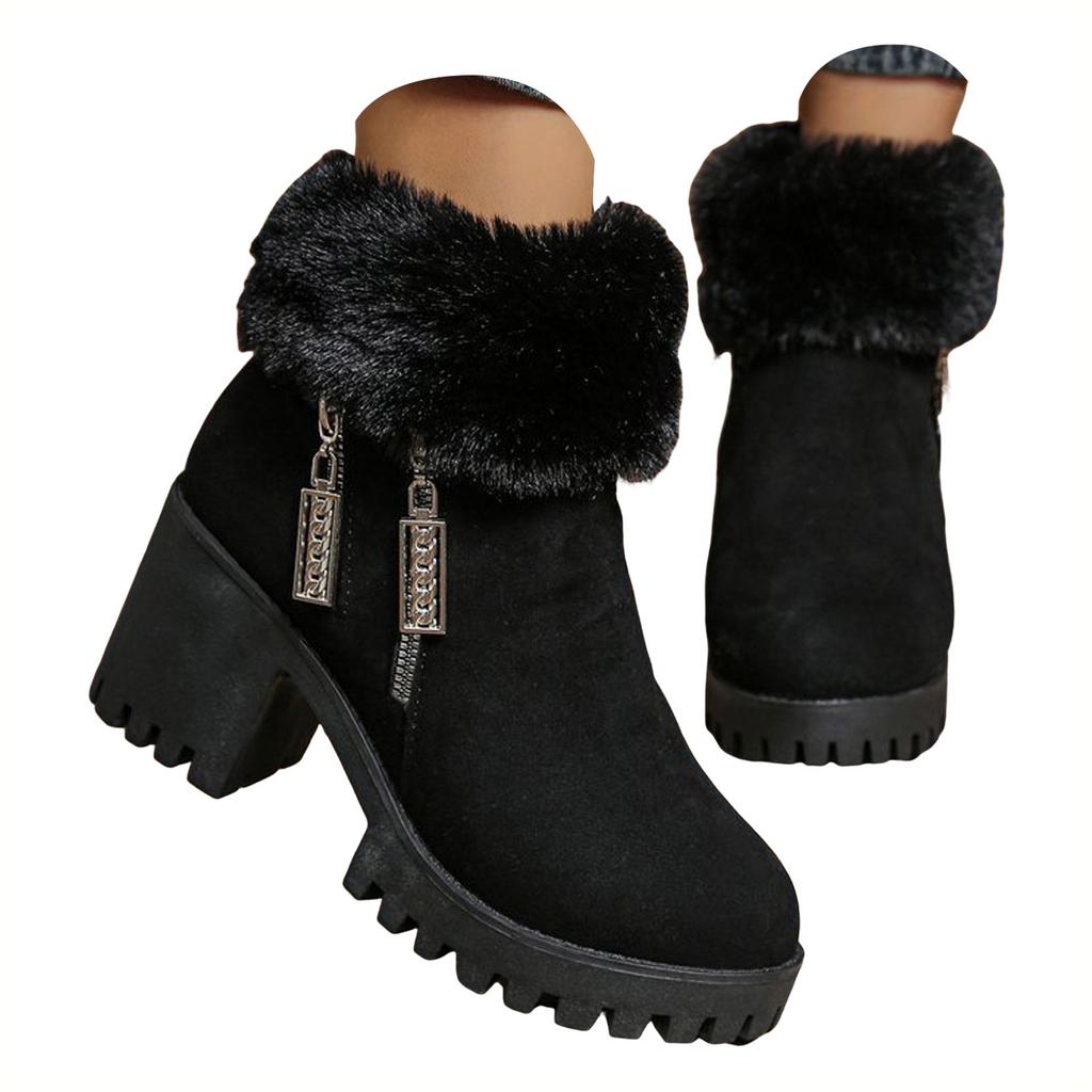Plush Rolled Up Heel Women's High Heeled Winter Fashion Boots With Side Zipper Short Shaft Chunky Heel Suede Boots for Women