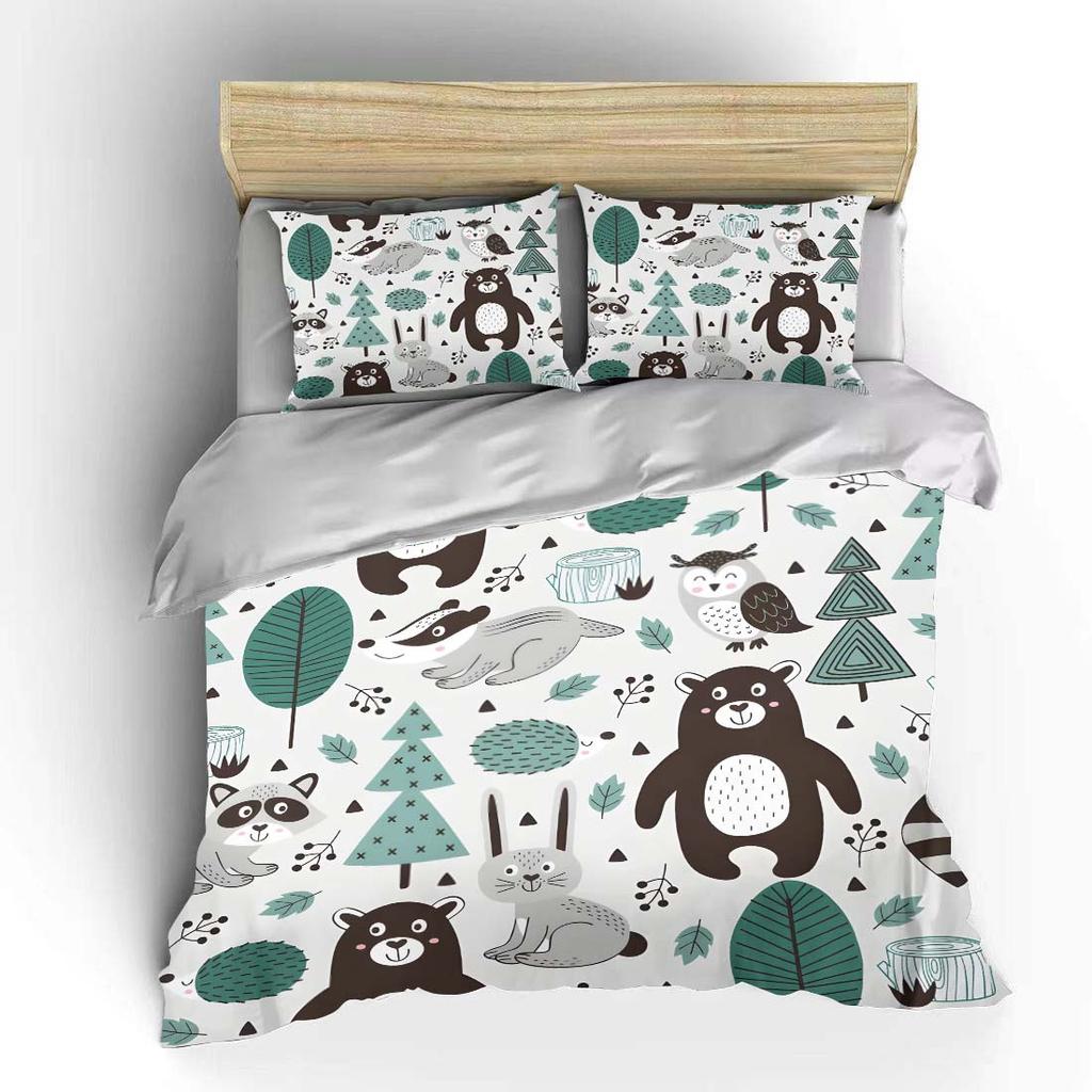 3Pcs Cartoon Animals With Forest Elements Pattern Duvet Cover Set Digital Print Colorful Polyester Bedding With Zipper Closur