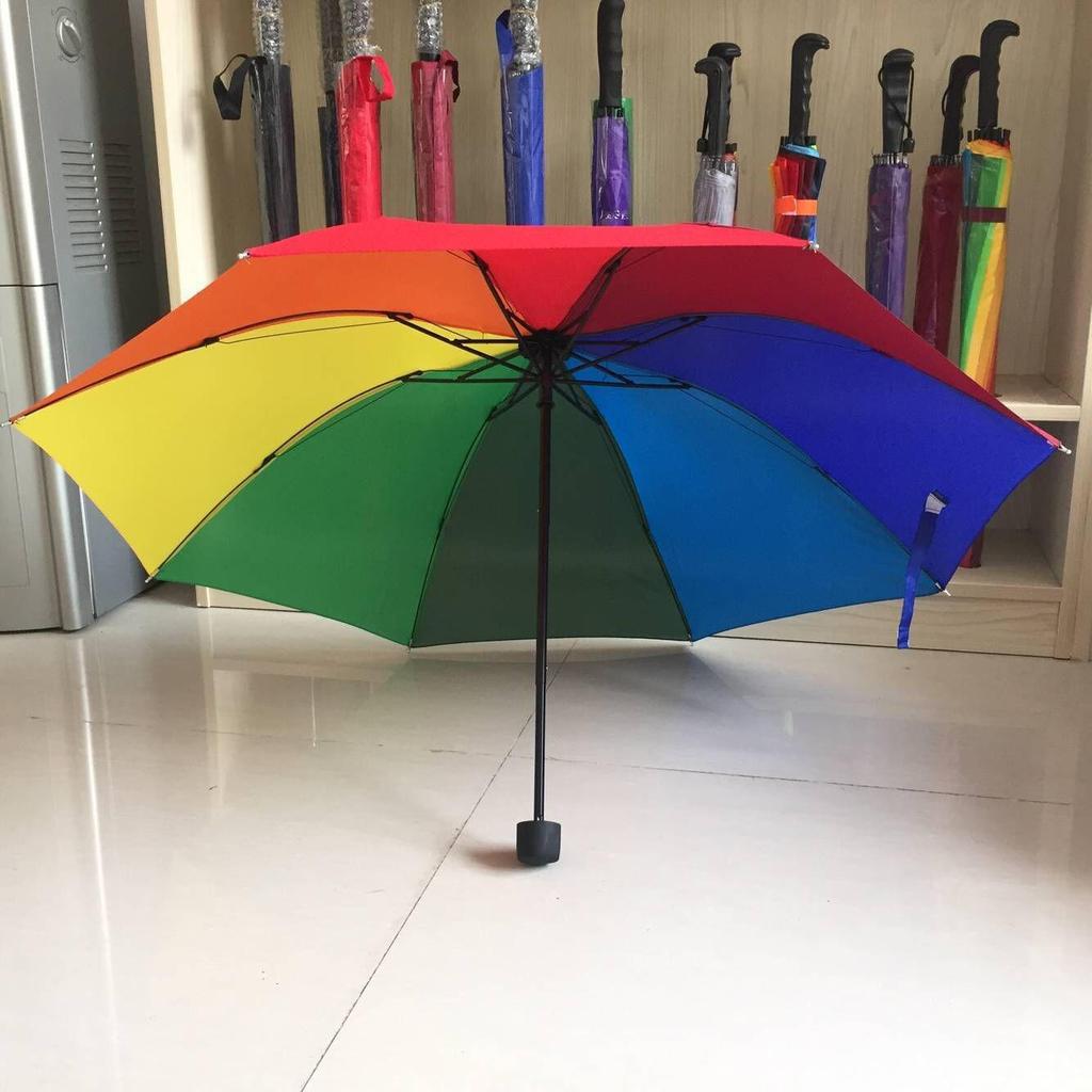 8K Pongee Rainbow Umbrella: Creative, Portable, Three-fold, Short Handle, Black Glue for Sun Protection.