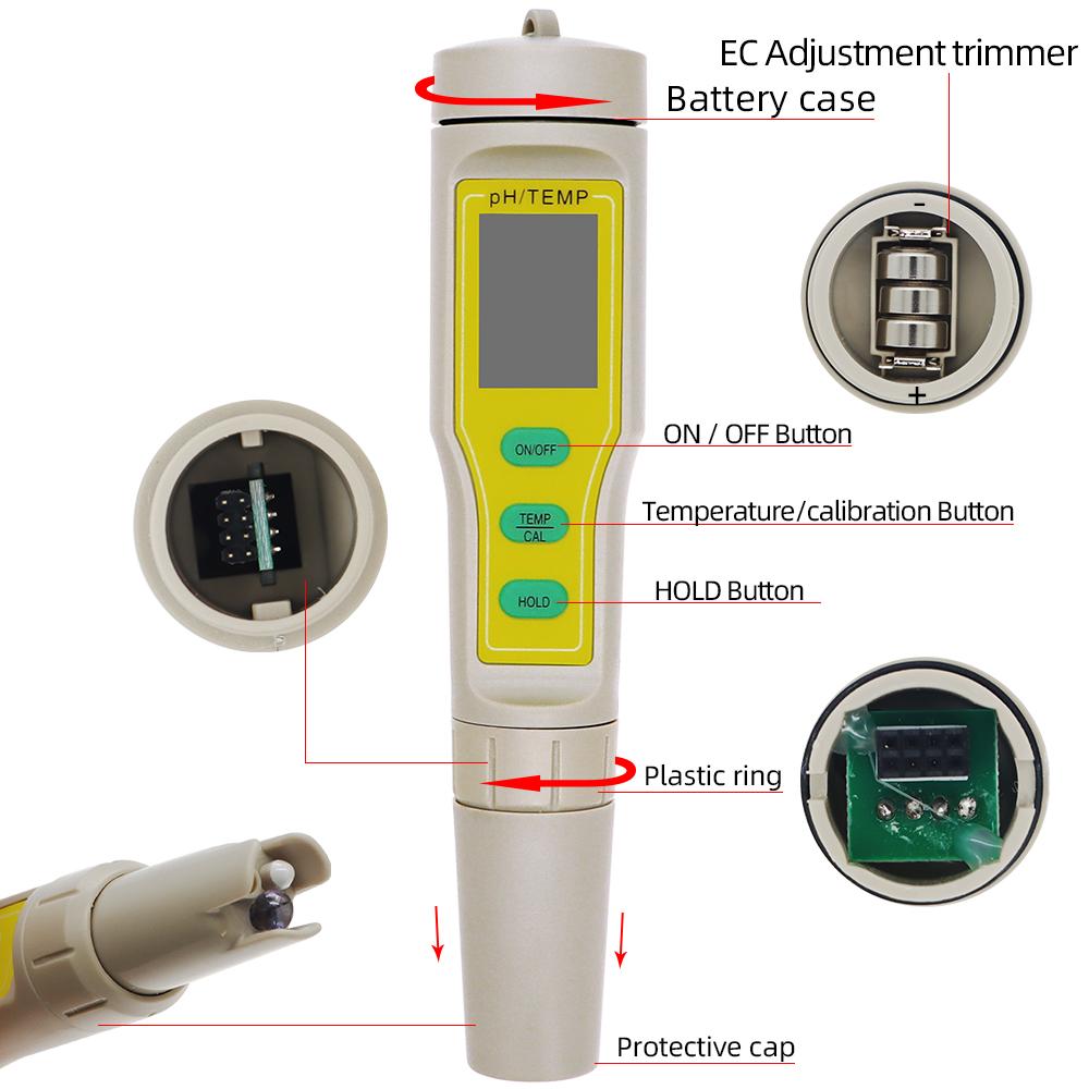 Hochpräzises PH-Meter 2 in 1 Wasserqualitätstester PH-Temp-Detektor ATC Wasserdicht Säuremessgerät PH-Teststift für Aquarium Pool
