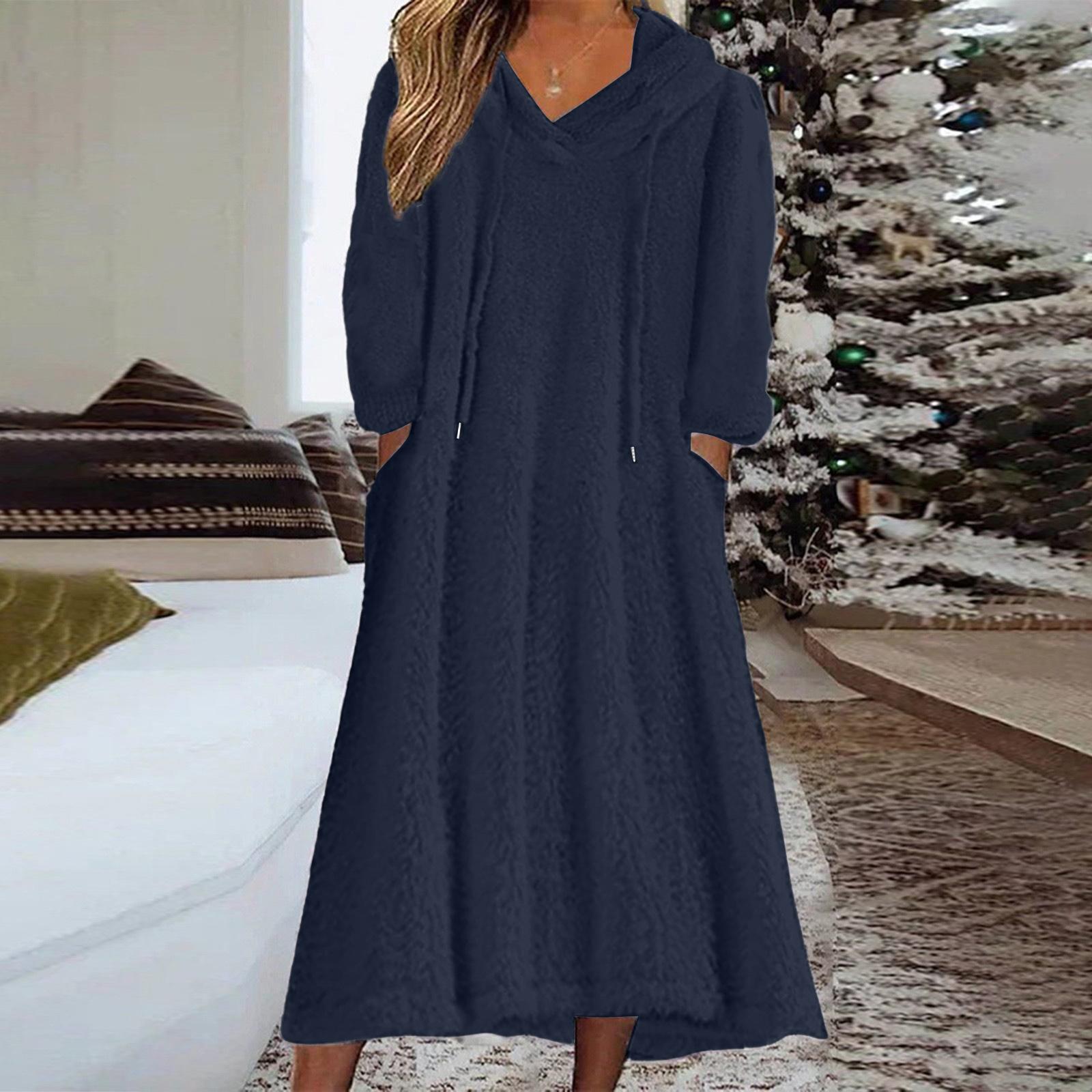 Women s Casual Round Neck Long Sleeved Pullover Loose Wool Hooded Long Sleeved Dress S тёмно-синий
