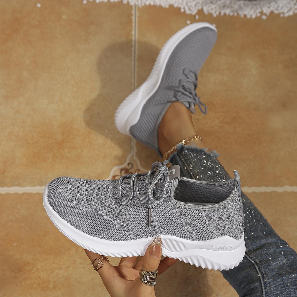 Ladies Flying Woven Mesh Sneakers Breathable Light Soft Sole Lace Up Casual Walking Sports Running Shoes Daily Footwear Suitable