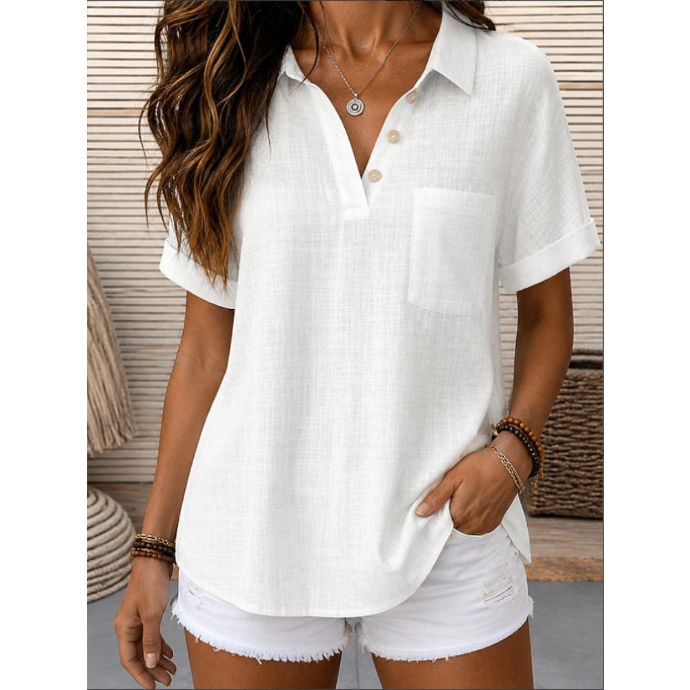 Women's Point Collar Short Sleeve Blouse Regular Fit Minimalist Casual Shirt