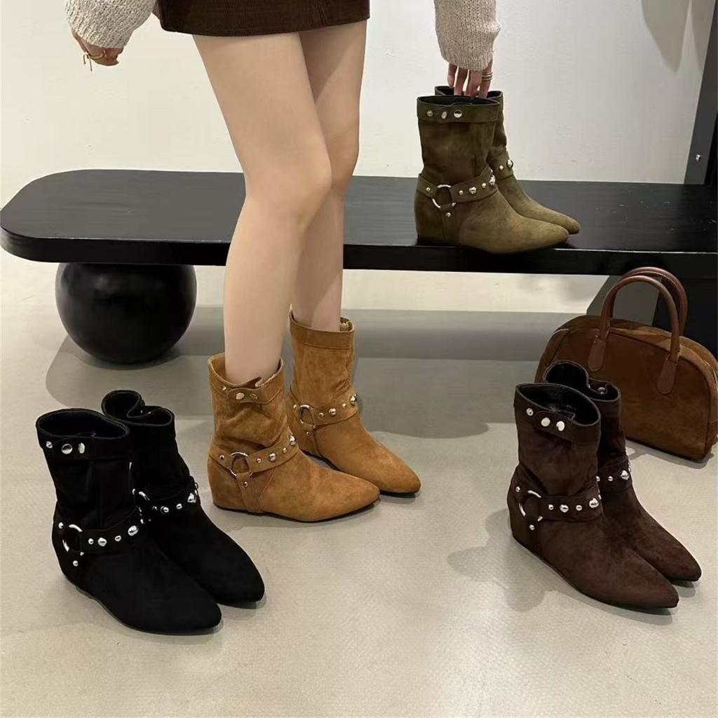 Inner Height Increasing Suede Western Cowboy Boots Women's Boots 2025 Autumn Pointed Brown Merad Liuding Martin Boots