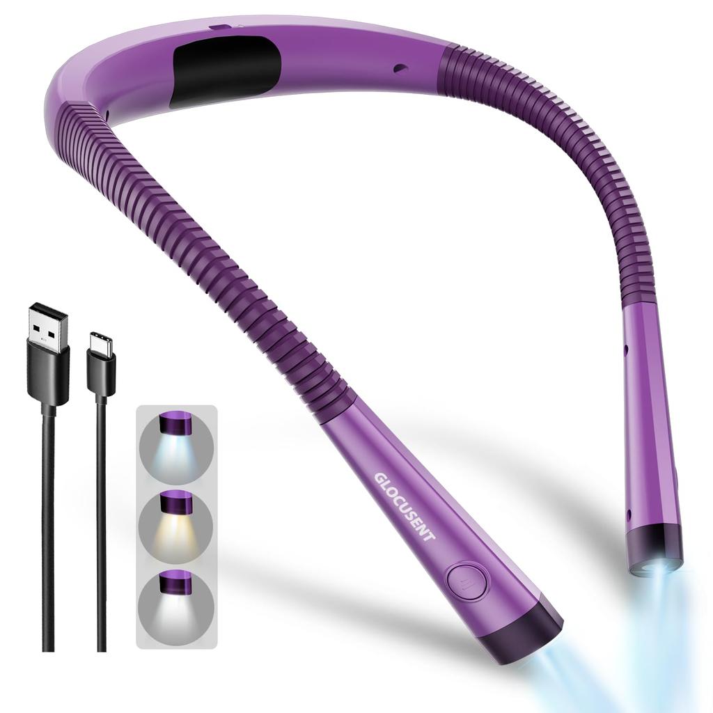 Glocusent LED Neck Light, Rechargeable Hands-Free Book Light for Bed Reading, 3 Color Modes Including Amber, Dimmable, for Knitting, Travel, Repair