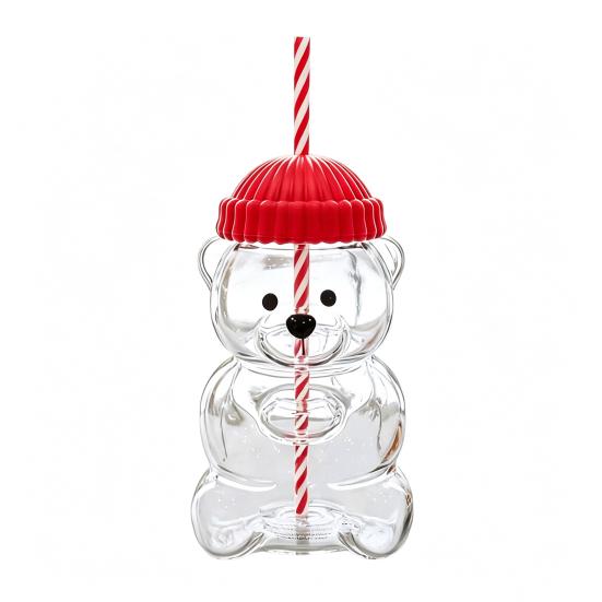 

Bear Shape Sippy Cup with Straw Lid 500ml Heat-Resistant Glass Tumbler Reusable Cold Cup for Iced Coffee Milk Tea Juice красный