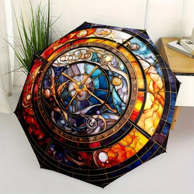 Stained Window Panel: Vibrant Circular DesignUmbrella, Portable 3-Fold Compact Umbrella for Men & Women Gift