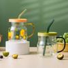 600/780ml Grass Pattern Mug With Straw And Lid Glass Tumbler With Graduated Heat Resistant Cup For Coffee Milk Drinkware