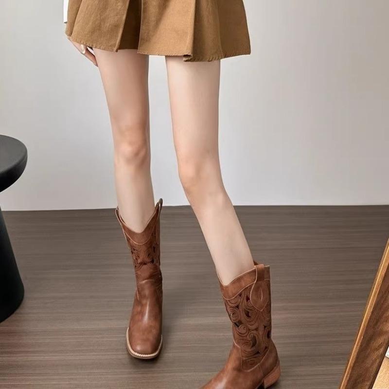 Fashion Women Shoes Brown Retro Western Cowboy Boots 2025 New Women's Boot Embroidered Knight Boots for Women Thick Heel Fashion Boots