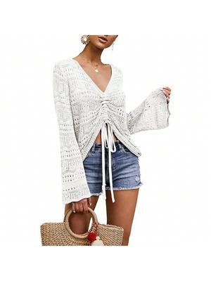 Women's Boho Off Shoulder Crochet Knit Crop Top V Neck Bell Sleeve Ruched Sweater