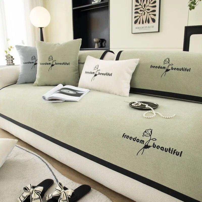 

Нескользящий коврик для дивана из синели, однотонный чехол для дивана с вышивкой в ​​виде цветов лотоса для гостиной, L-образный угловой домашний диван, подушка 70x70cm 1pcs