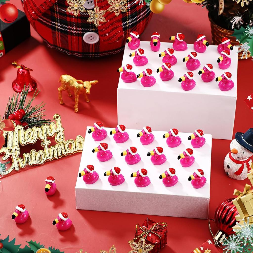 10/20PCS Mini Resin Hot Pink Flamingo with Santa Hat Christmas Xmas Ornaments For DIY Fairy Garden Home Holiday Party Decor Gift