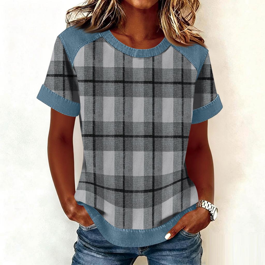 Women Denim Collar Patchwork Stitching Sweatshirt Casual  Printed Pullover Short Sleeve Shirts