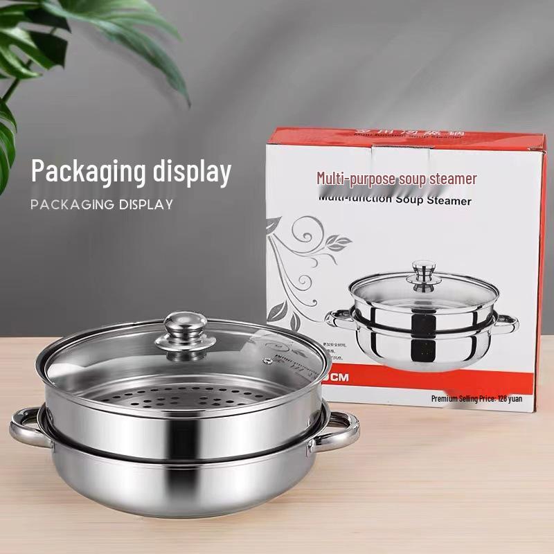 Stainless Steel Dual-Layer Steaming and Soup Pot with Lid and Steamer Basket