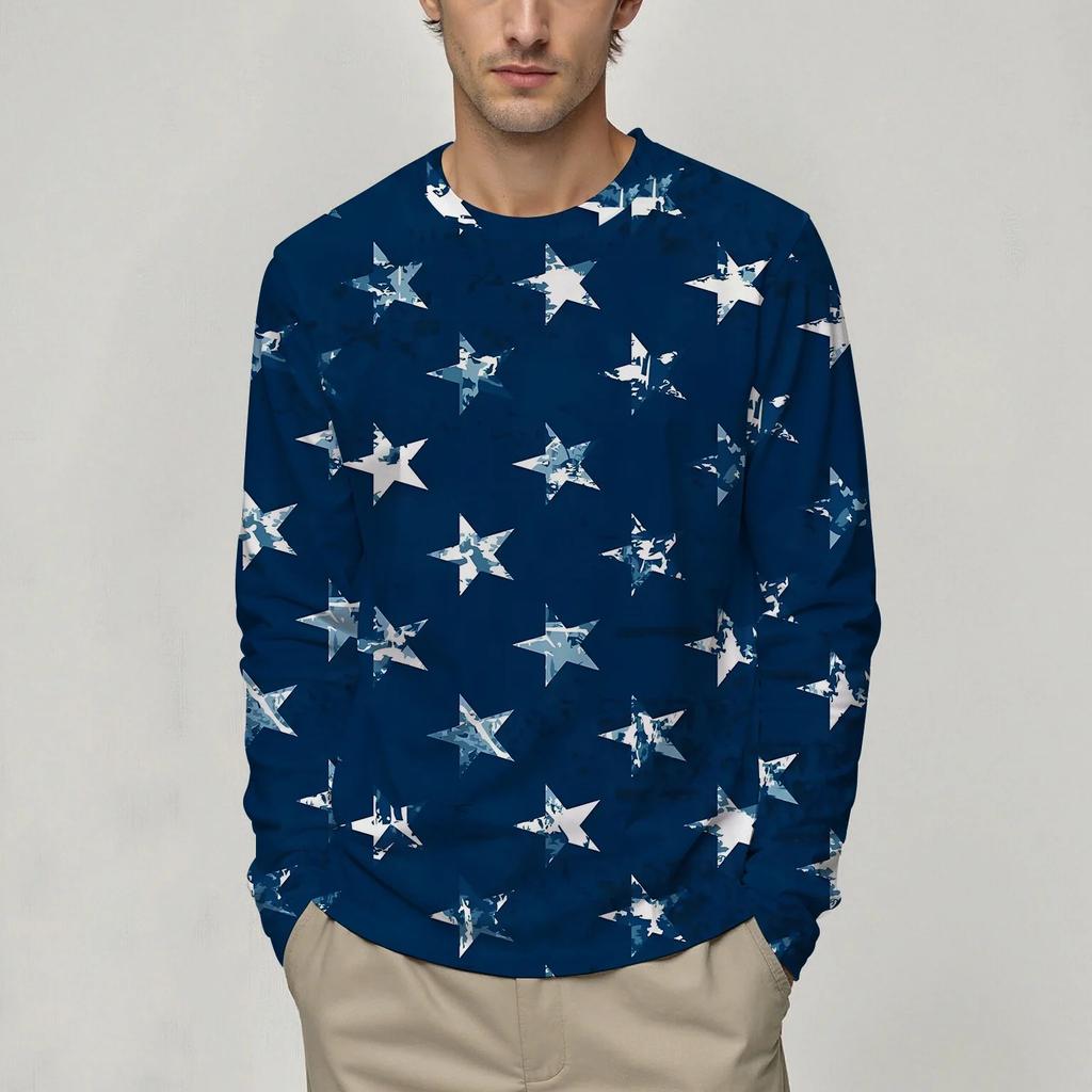 3D 5-Pointed Star Pattern Printed Top Casual Long Sleeved Men's T-shirts - Soft Medium Stretch Polyester Fabric Spring and Autumn Relaxed Fit Clothing
