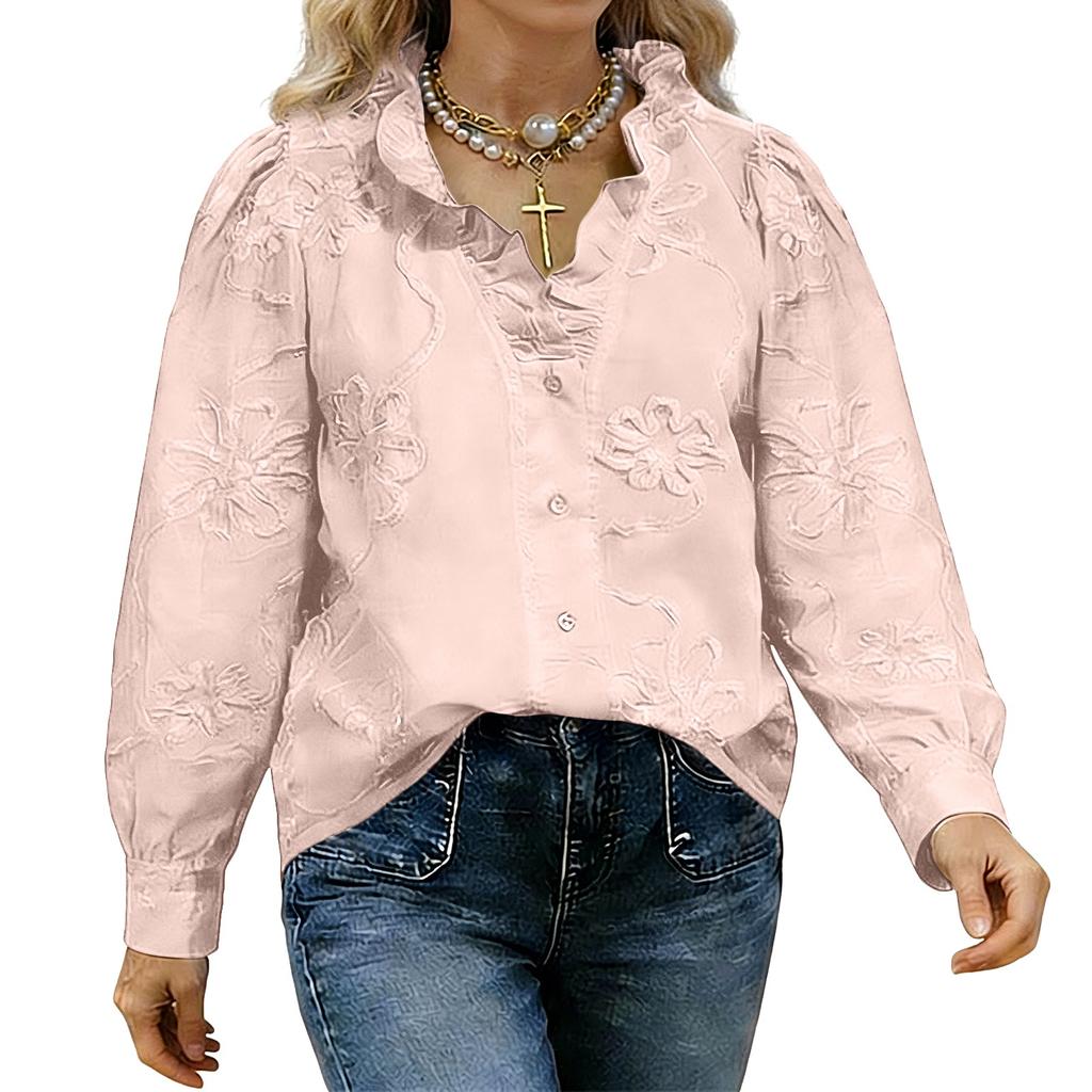 Long Sleeve Button Down Shirt for Women with Floral Embroidery Loose Fit Blouse Casual Collar Top for Daily Wear
