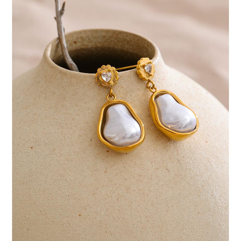 Eetit Baroque Simulated Pearls Zirconia Drop Earrings Golden Stainless Steel Geometric Chic Jewelry for Women Accessories Gift