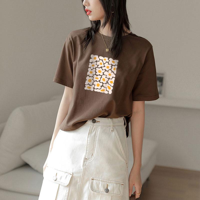 Hirsionsan Little Daisy Print T Shirt Women 2021 New Basic 100% Cotton Summer Tops for Girl Korean Sweet Short Sleeve Female Tee Cute Flower Clothing