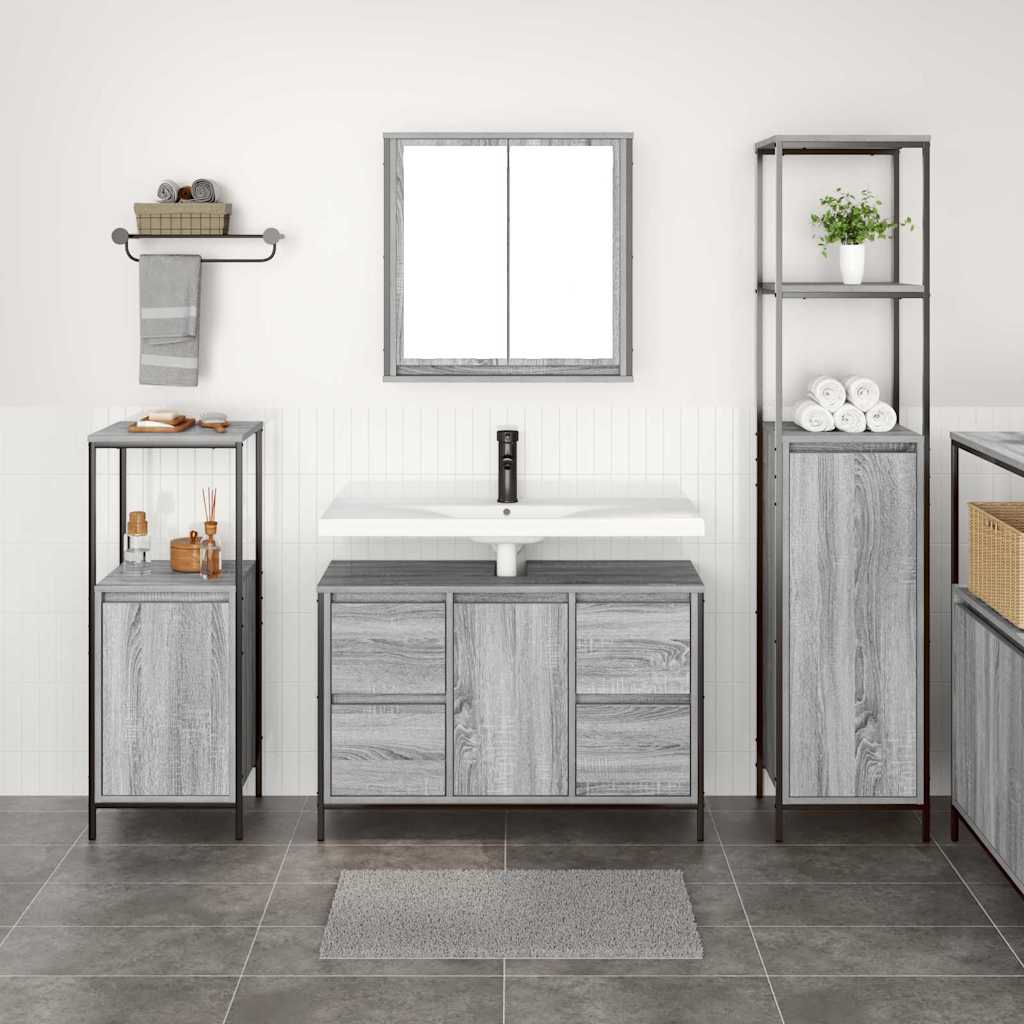 Bathroom Furniture Set with Shelf 3 pcs Grey Sonoma and Black