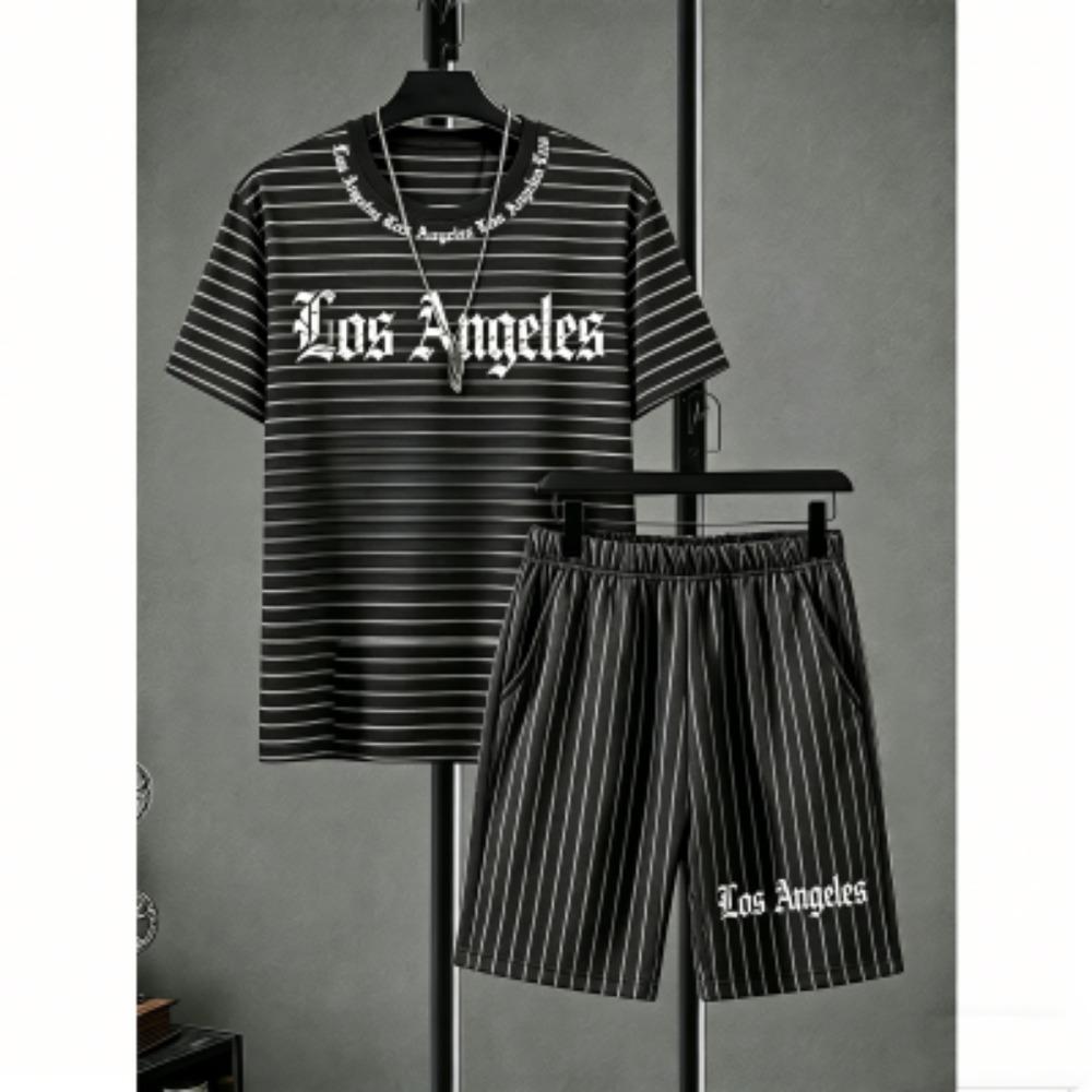 Fashion Men's Set Striped Grid Printed Men's T-shirt and Shorts 2 Piece Set Summer Casual Outdoor Men's and Women's T-shirt Sets