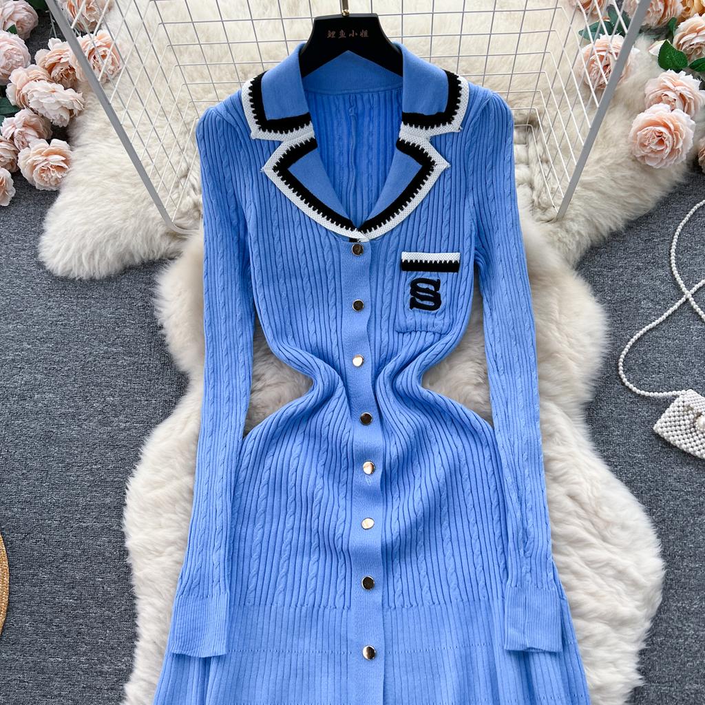 Autumn Winter Wear Embroidery Letter Knitted Sweater Dress Women Polo Single Breasted Designer Temperament Long Dresses