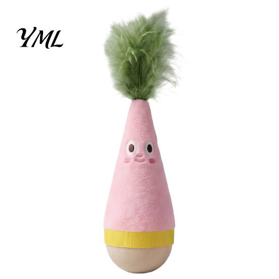 Plush Cat Teaser with Wood Base Wooden Wobble Toy, Self-Righting Tumbler Feather for Indoor Cats, Interactive Safe Clawing Toy Punching Bag