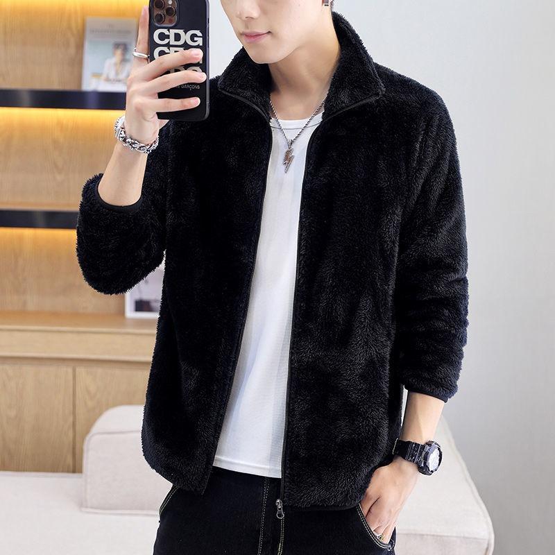 Jacket Men's Loose Autumn Winter Clothing Youth Stand-up Collar Double-sided Velvet Jacket Solid Color Polar Fleece Top