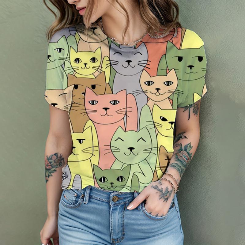 2024 New Fashion Women's T Shirt Cute Cat Printed Short Sleeve Round Neck Fun Pattern T Shirt Summer Home Casual Women's Tops
