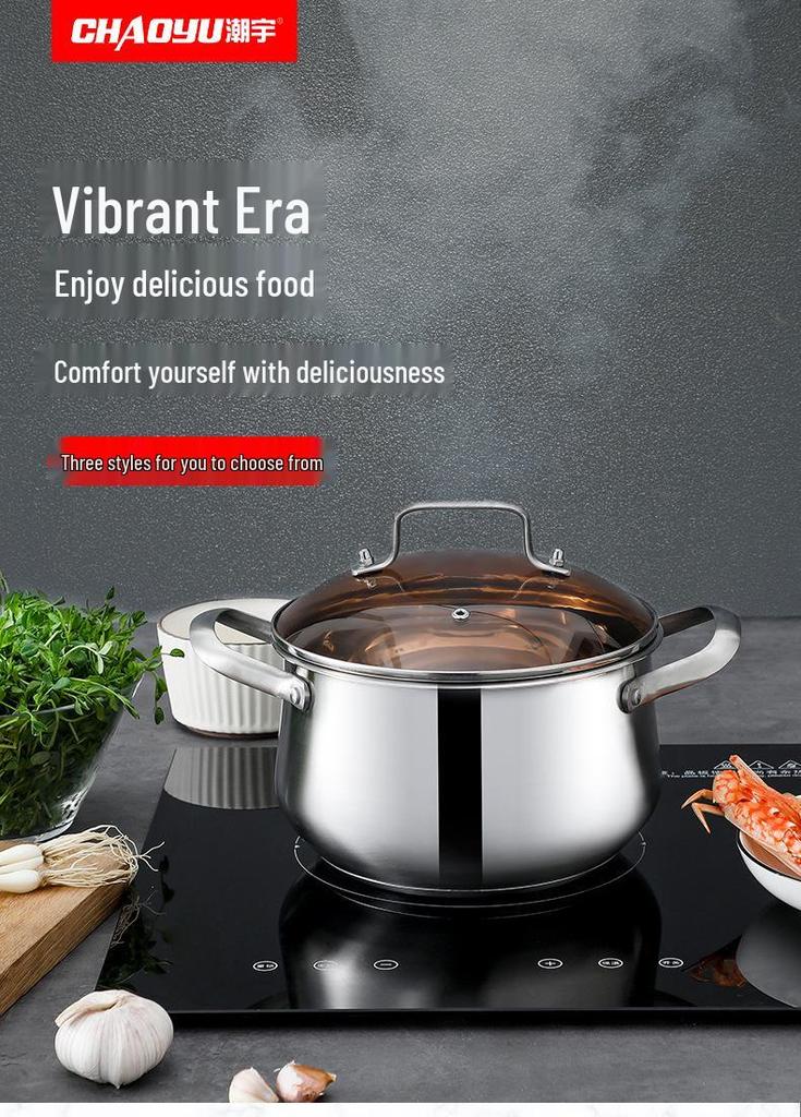 Universal Cookware: Multi-Layer 304 Stainless Steel Steamer, Milk & Soup Pot with Tempered Glass Lid
