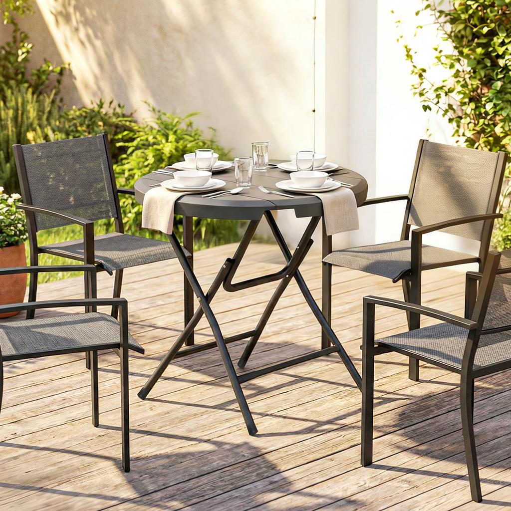 Foldable Round Garden Table for 4, Outdoor Dining Table with HDPE Tabletop and Steel Frame, 80 x 80 x 73 cm, Dark Grey