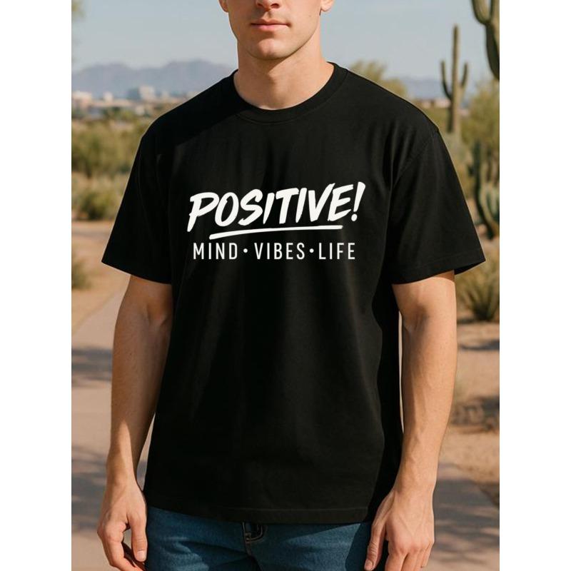 

European Size Men s Positive Mind Vibes Life T-Shirt - Black with White Positive! Mind-Vibes-Mind Print, Short Sleeve Round Neck Casual 4XL чорний