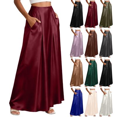 Elegantes Faldas Maxi de Satén Sedoso para Mujer Vestir Cintura Alta Línea A Fluida Larga con Bolsillos Casual Color Sólido Fiesta Festiva Faldas