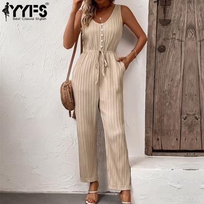 Women's Fashion Casual Solid Color Print Summer Spring Sleeveless U-Neck Trousers Jumpsuits & Rompers