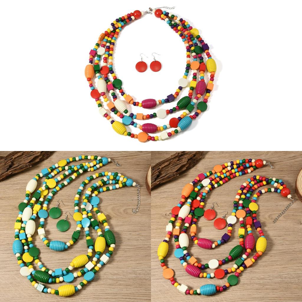 Bohemian Colorful Multilayer Wooden Beaded Necklace With Geometric Design For Women