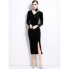 Spring Autumn Women V-neck Vintage Black Velvet Slim Bodycon Evening Party Pencil Dresses