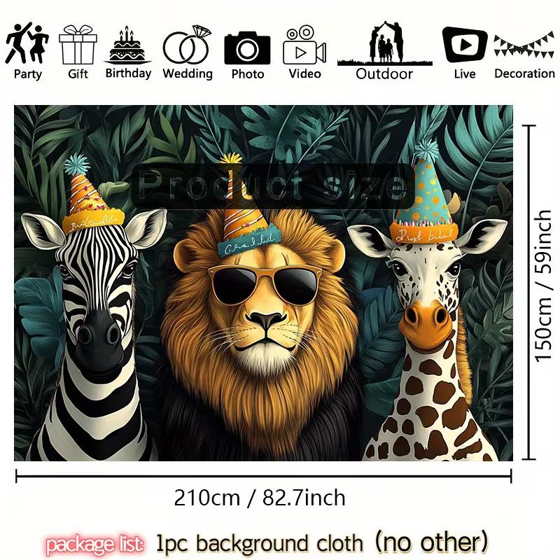 Birthday Party Animals Backdrop Funny Safari Lion, Zebra and Giraffe Photography Background